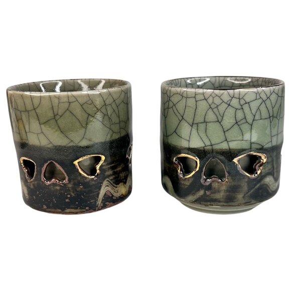 Otagiri Somayaki Soma Ware Double Wall Crackle Glaze Tea Sake Cup Set Of 2 Heart - Picture 4 of 7